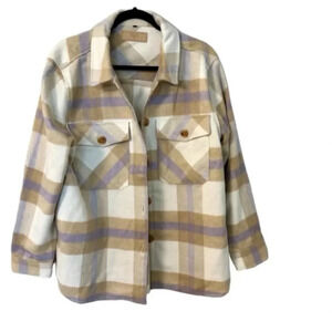 BlankNYC Women’s Trail Blazer Shacket White Multi Plaid  Button Up Size L NWT